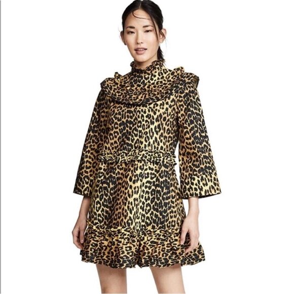 Women's Ganni Leopard Animal Print Cotton Mini Dress Size 40 L - Picture 2 of 6